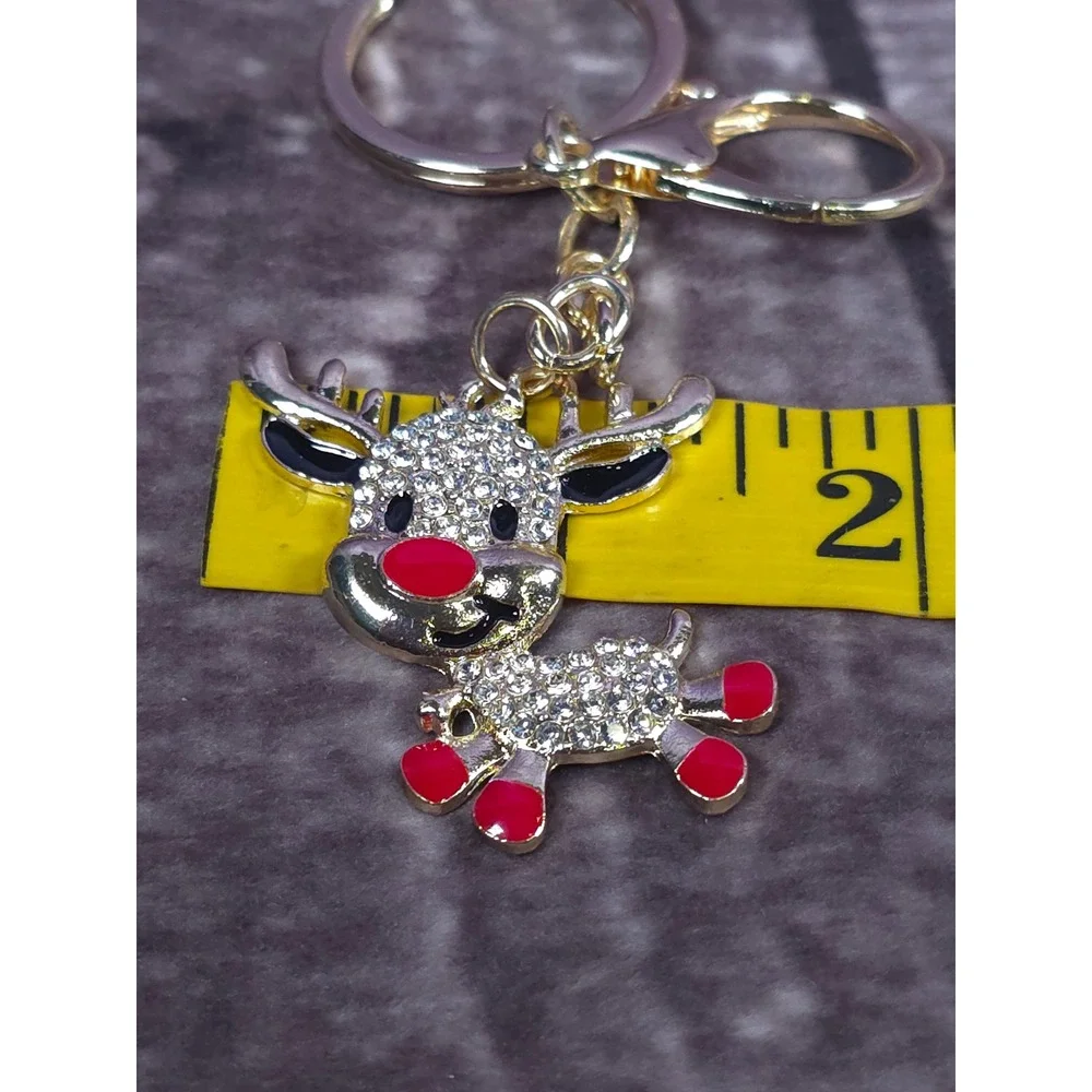 Sparkling Rhinestone Reindeer Keychain Gold Tone Christmas Gift Accessory
